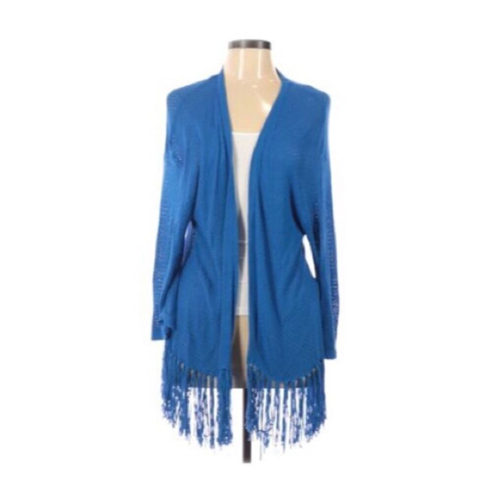 Nue Options Woman Fringe Cardigan Sweater Size 1X Cobalt Blue Knit